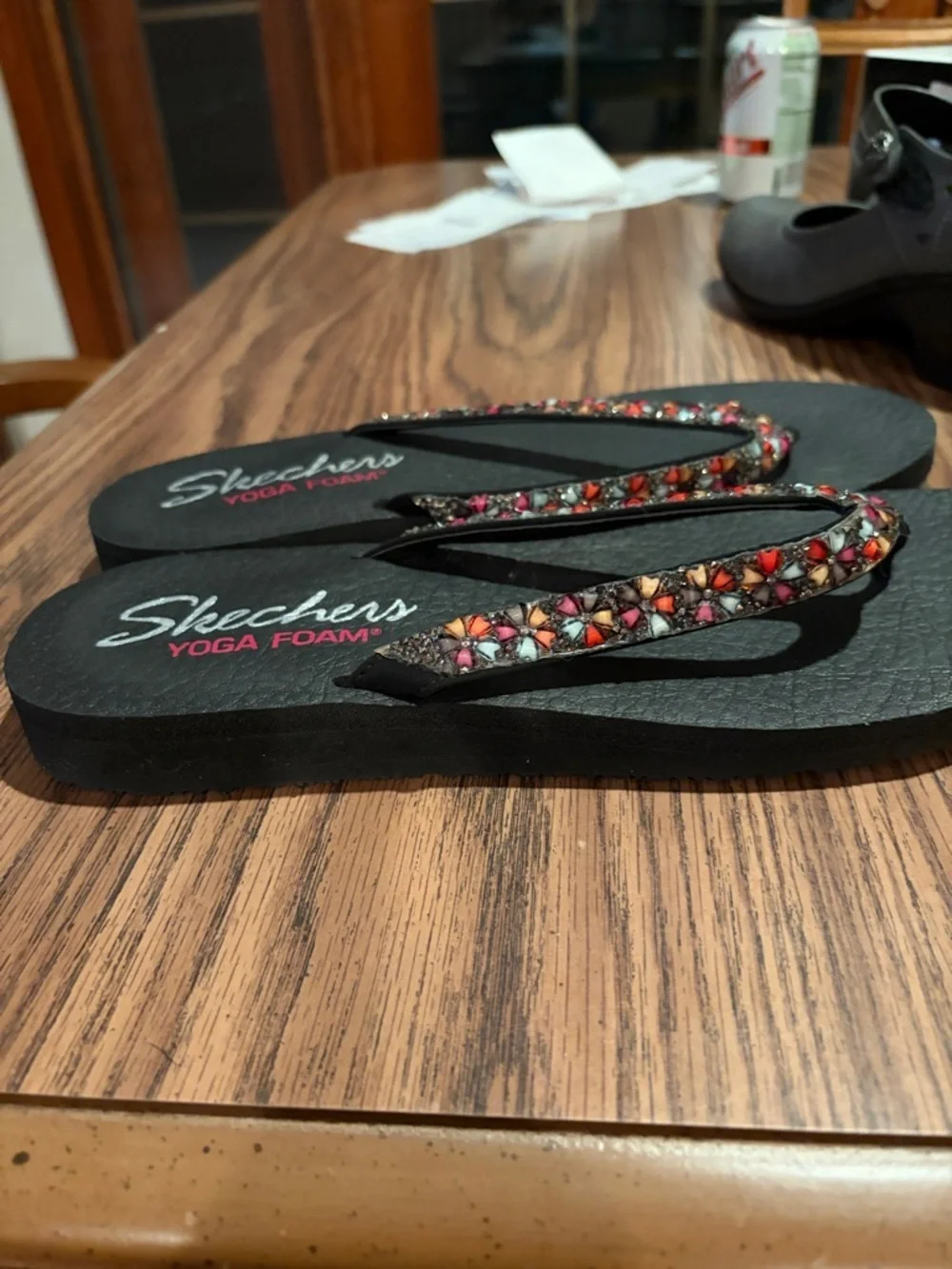 Skechers Black Sandals Bejeweled with Pink Blue Green Details